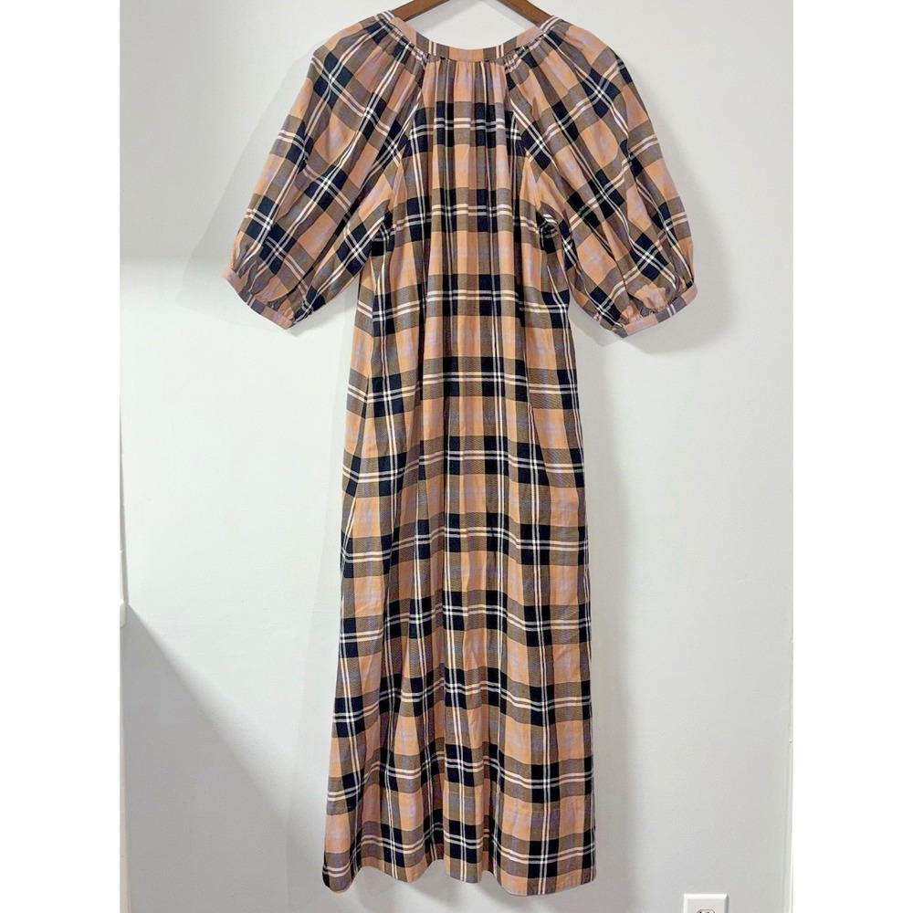 STAUD Plaid Cotton Midi Dress Button Front Puff Sleeve Women's Size Medium Tan - Picture 4 of 11